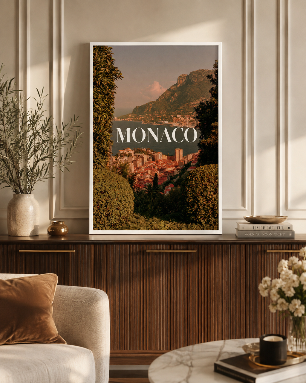 Monaco Coastal Cityscape Poster framed