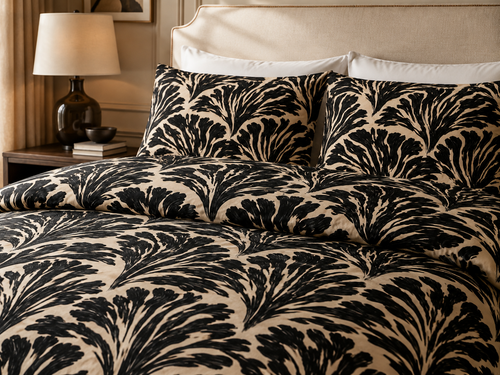 Black Botanical Fern Pattern Cotton Bed Set | Neutral Leaf Duvet Cover