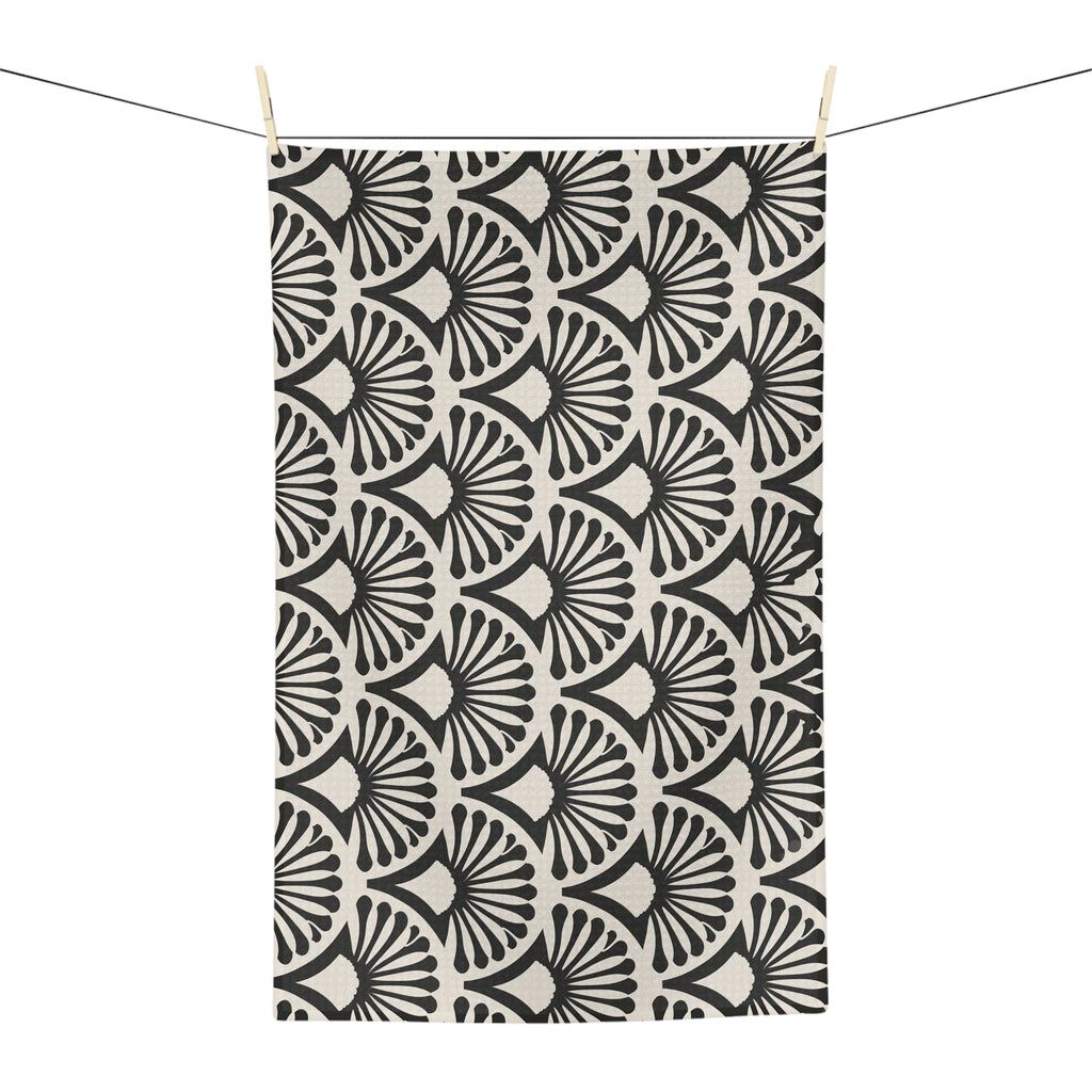 Black Fan Scallop Pattern Microfiber Tea Towel | Geometric Art Deco Kitchen