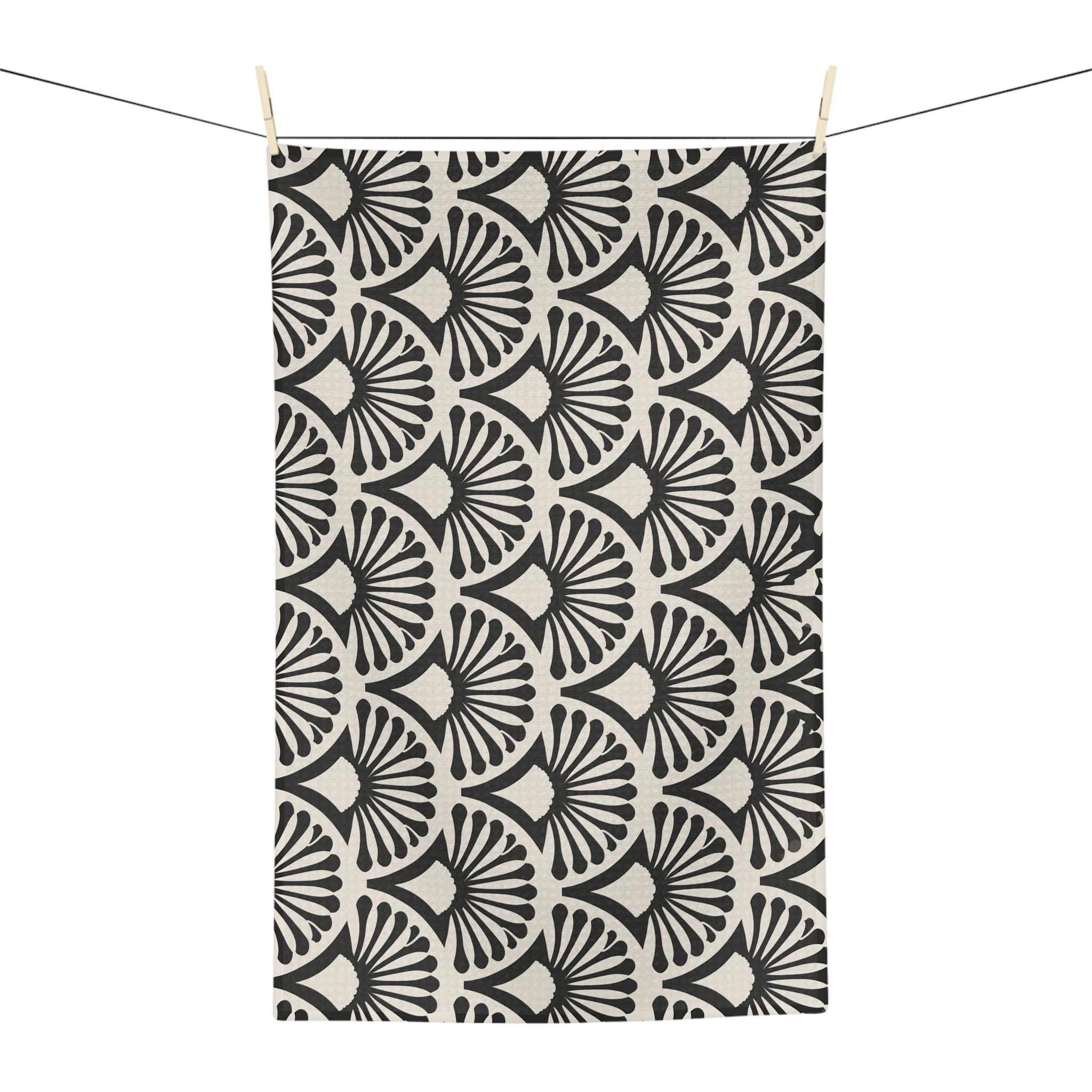 Black Fan Scallop Pattern Microfiber Tea Towel | Geometric Art Deco Kitchen