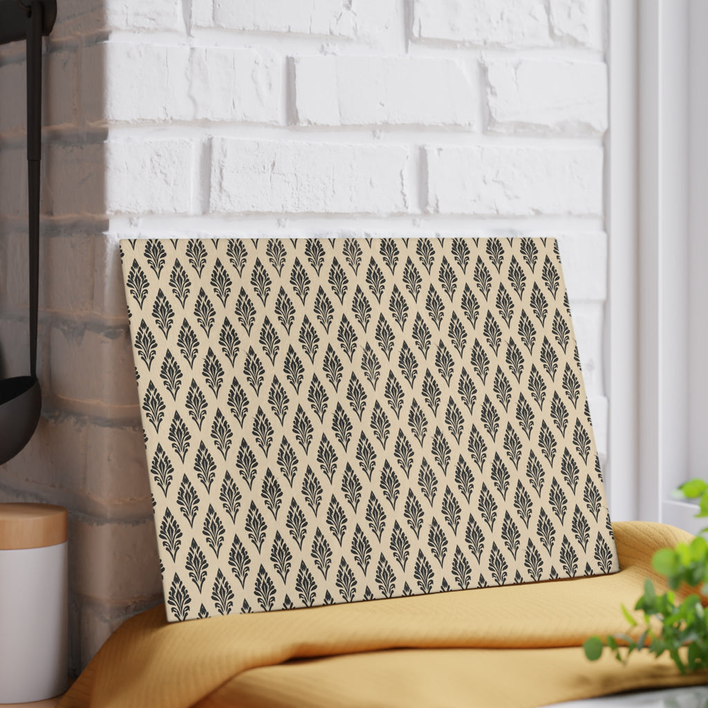 Neutral Geometric Ikat Pattern Glass Cutting Board | Boho Kitchen Décor