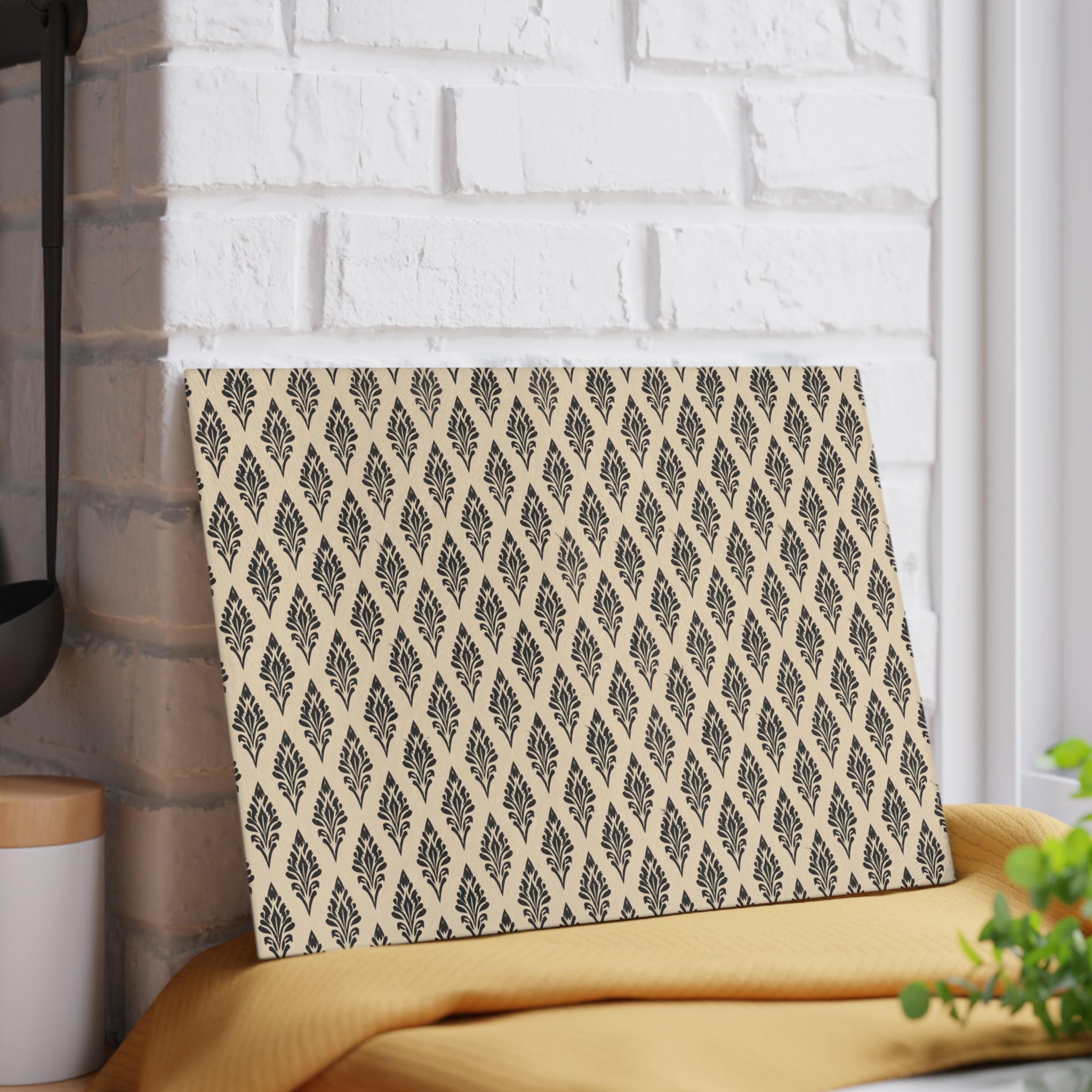 Neutral Geometric Ikat Pattern Glass Cutting Board | Boho Kitchen Décor