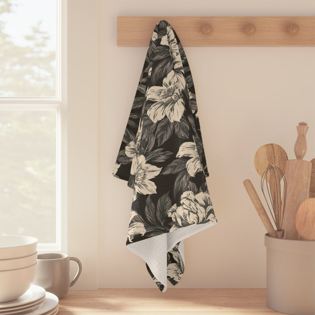 Vintage Floral Pattern Microfiber Tea Towel | Black Cream Botanical Design