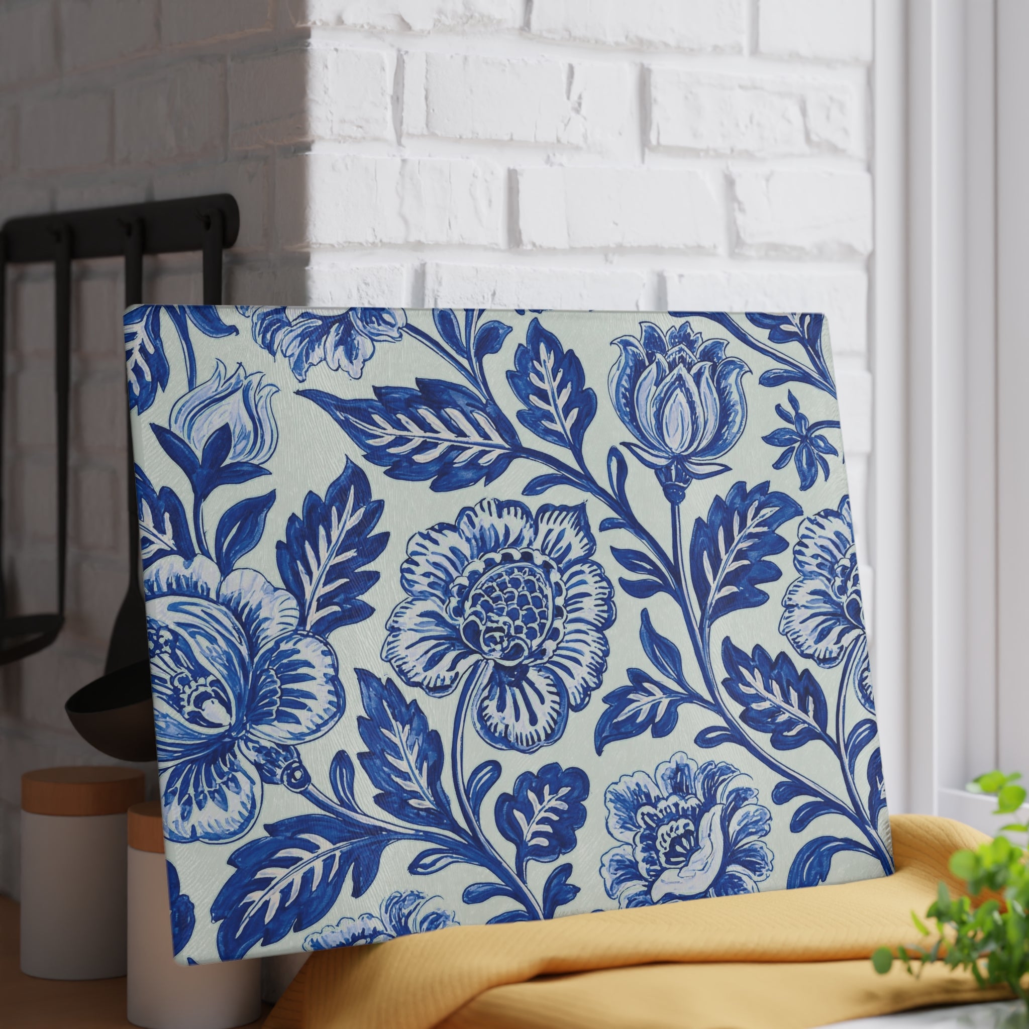 Blue Floral Pattern Glass Cutting Board | Vintage Delft Tile Style