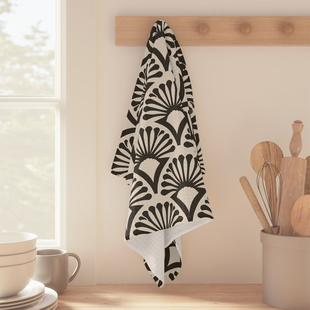 Black Fan Scallop Pattern Microfiber Tea Towel | Geometric Art Deco Kitchen