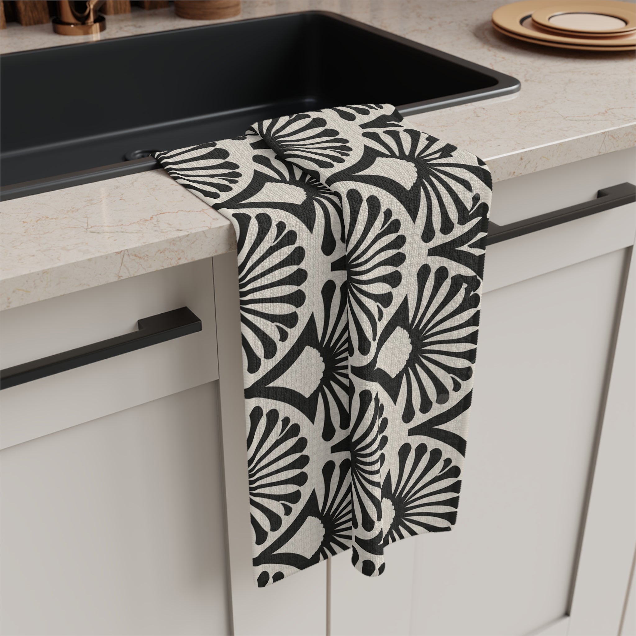 Black Fan Scallop Pattern Microfiber Tea Towel | Geometric Art Deco Kitchen