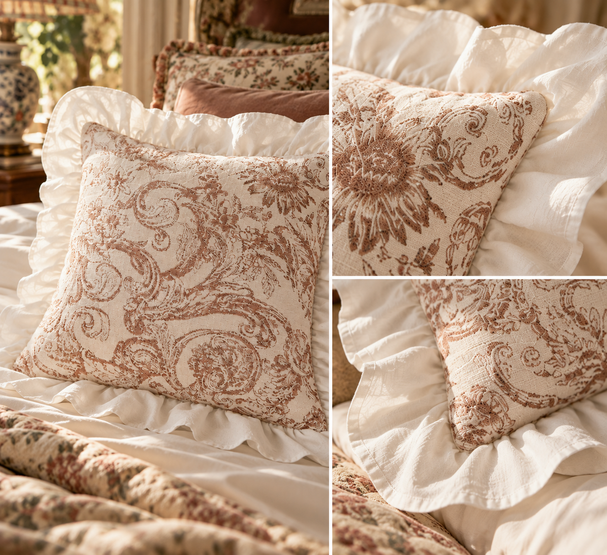 Ellie & Green Ruffle Cushion – Botanical Toile Pillow with White Ruffle