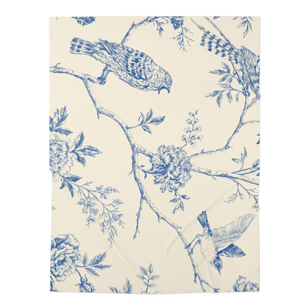 Bluebird Toile Baby Swaddle Blanket, Blue & Ivory Floral Bird Print, Elegant Newborn Wrap, French Country Nursery Baby Gift