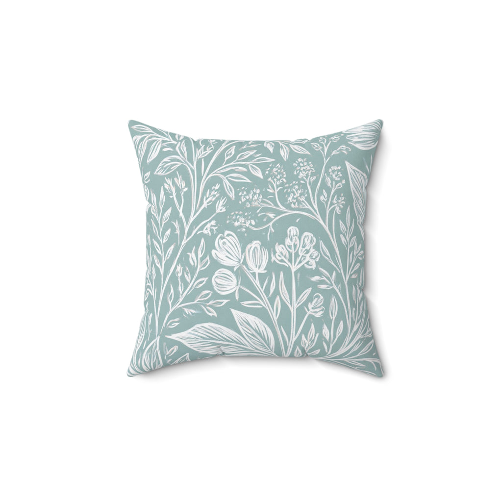 White Floral Vine Pattern Spun Polyester Pillow | Botanical Throw Pillow, Sage Green