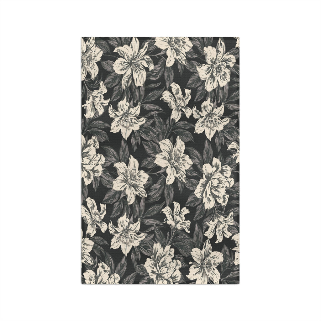 Vintage Floral Pattern Microfiber Tea Towel | Black Cream Botanical Design