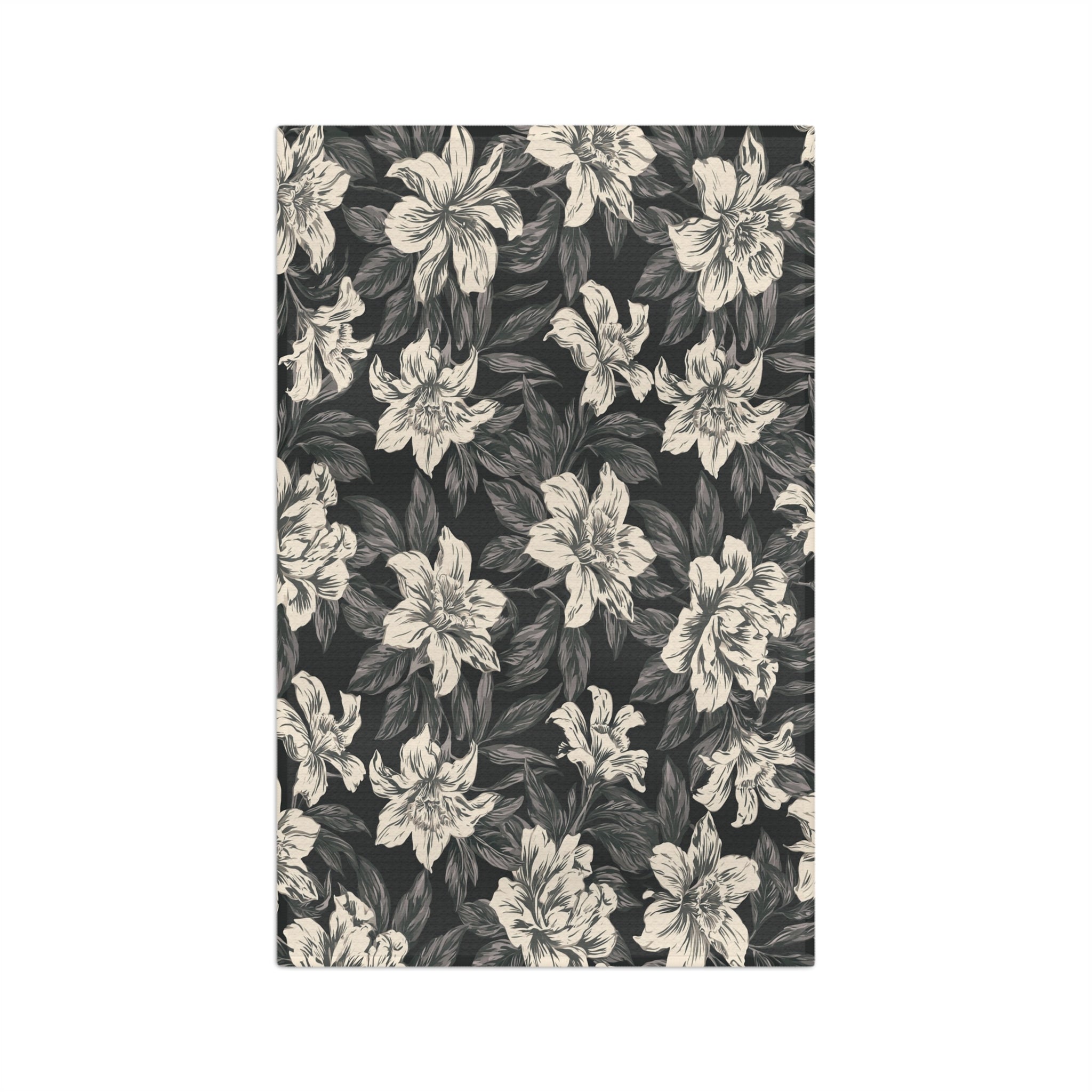 Vintage Floral Pattern Microfiber Tea Towel | Black Cream Botanical Design