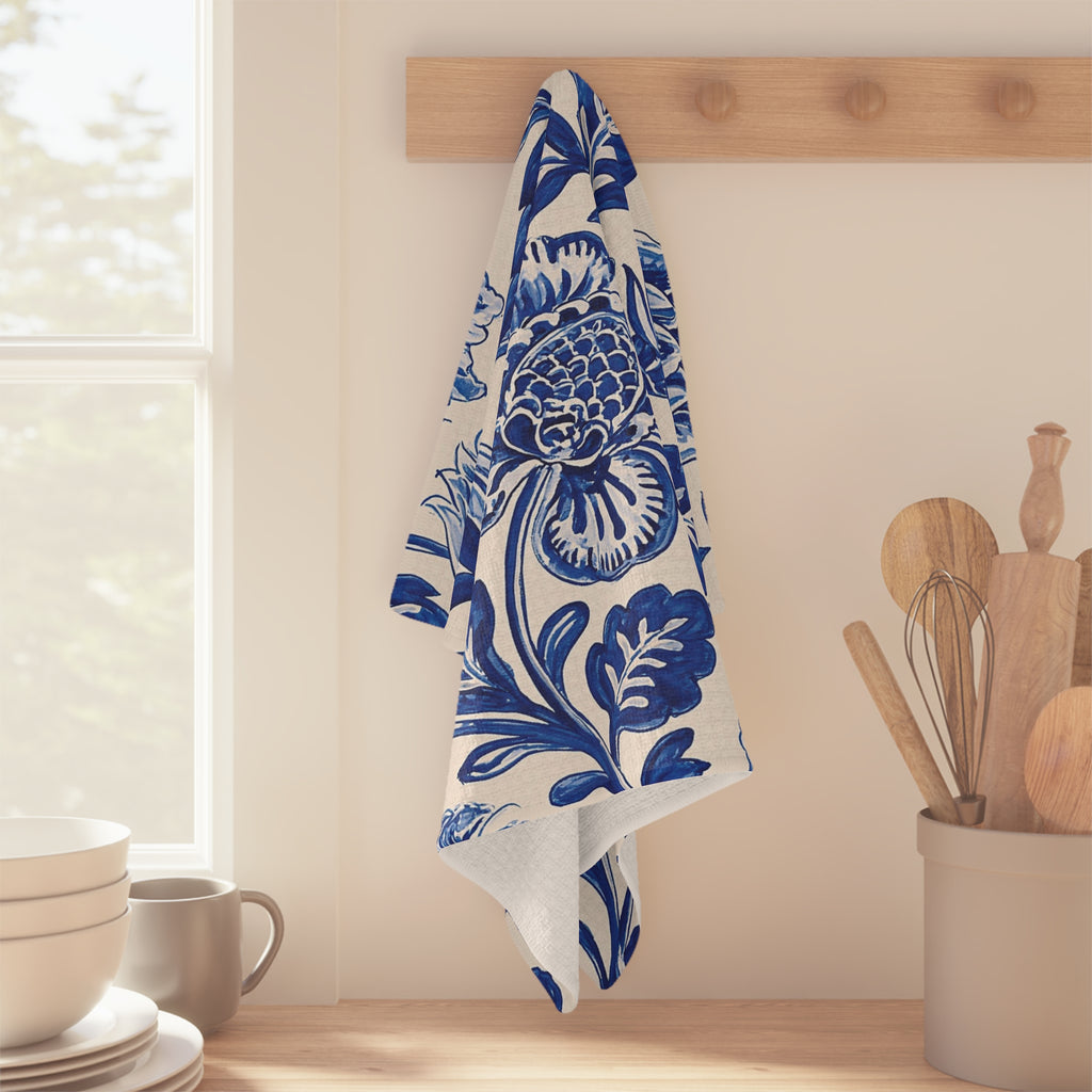 Blue Floral Pattern Microfiber Tea Towel | Delft Style Botanical Print
