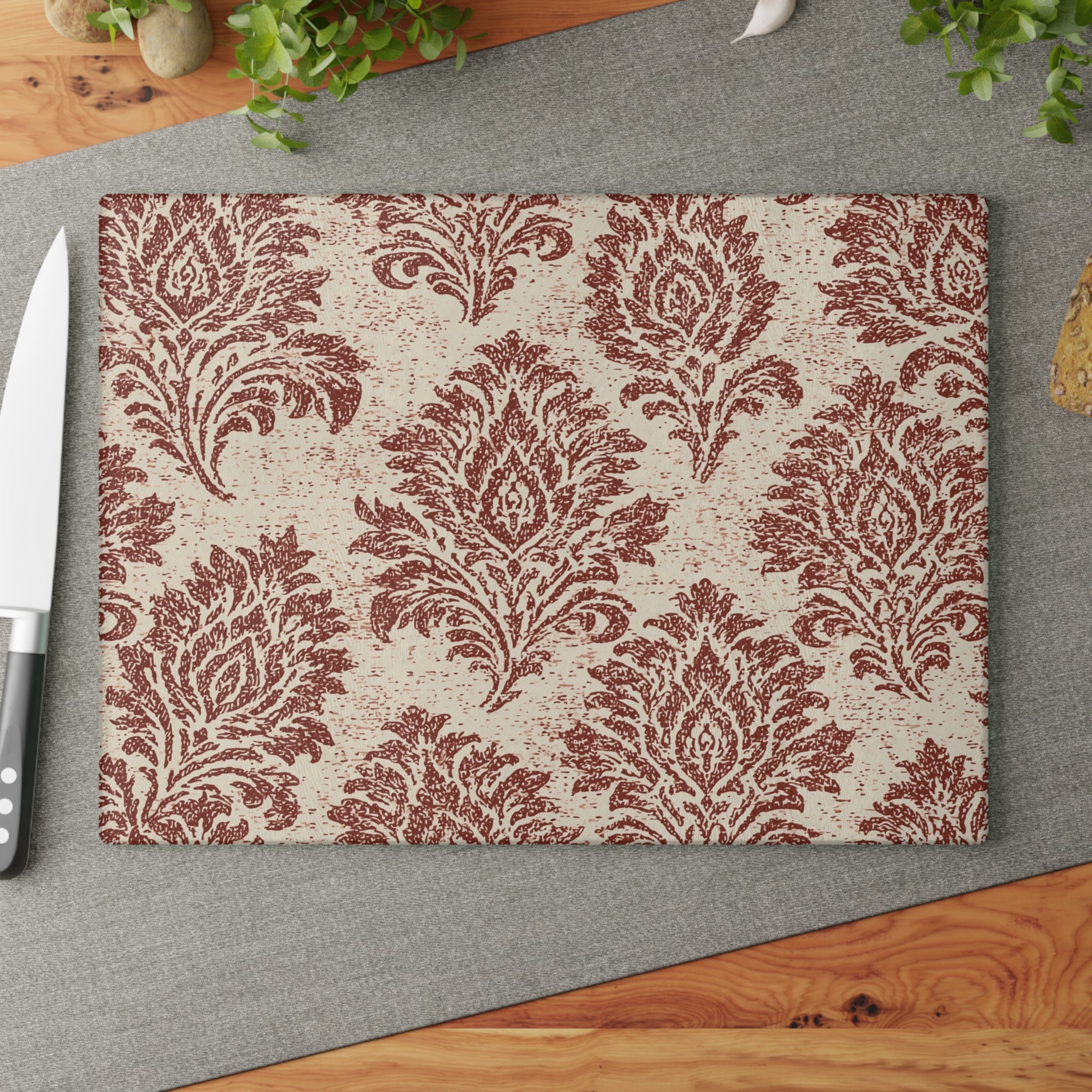 Vintage Damask Pattern Glass Cutting Board | Rustic Floral Kitchen Decor