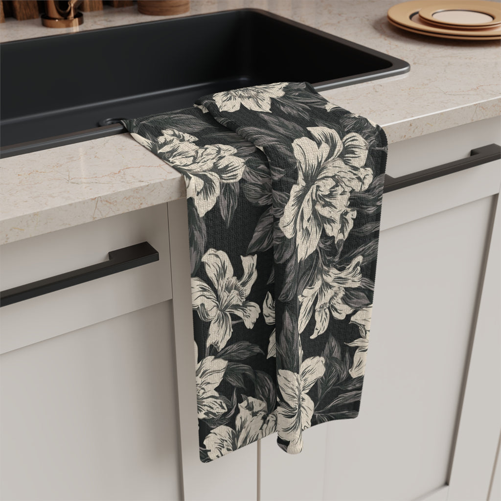 Vintage Floral Pattern Microfiber Tea Towel | Black Cream Botanical Design
