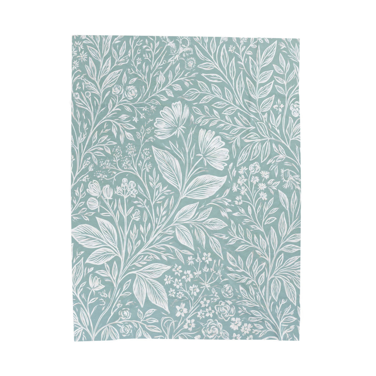 Teal Botanical Floral Pattern Velveteen Plush Blanket | Leafy Vintage Meadow Throw