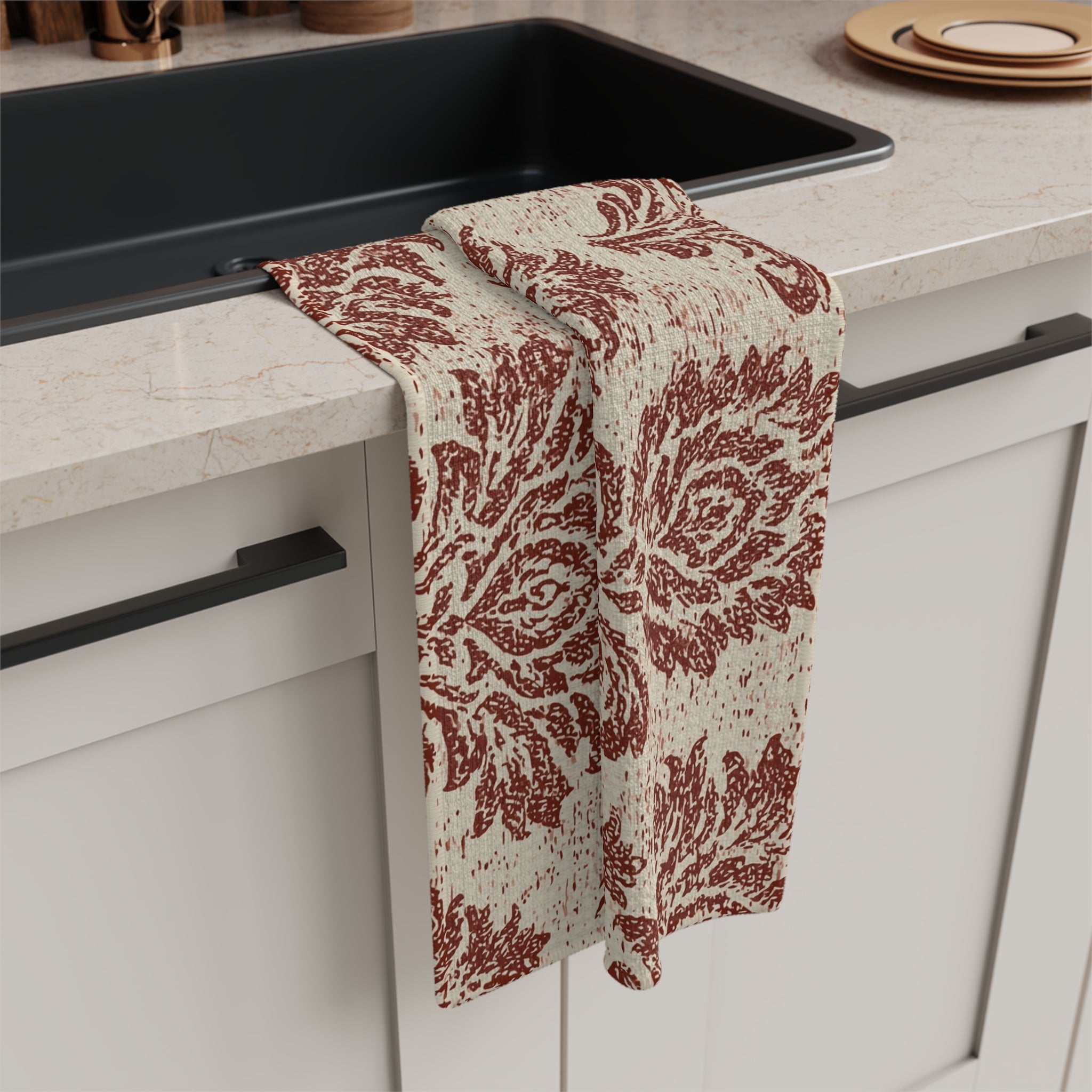 Rust Damask Pattern Microfiber Tea Towel | Vintage Floral Kitchen Linen