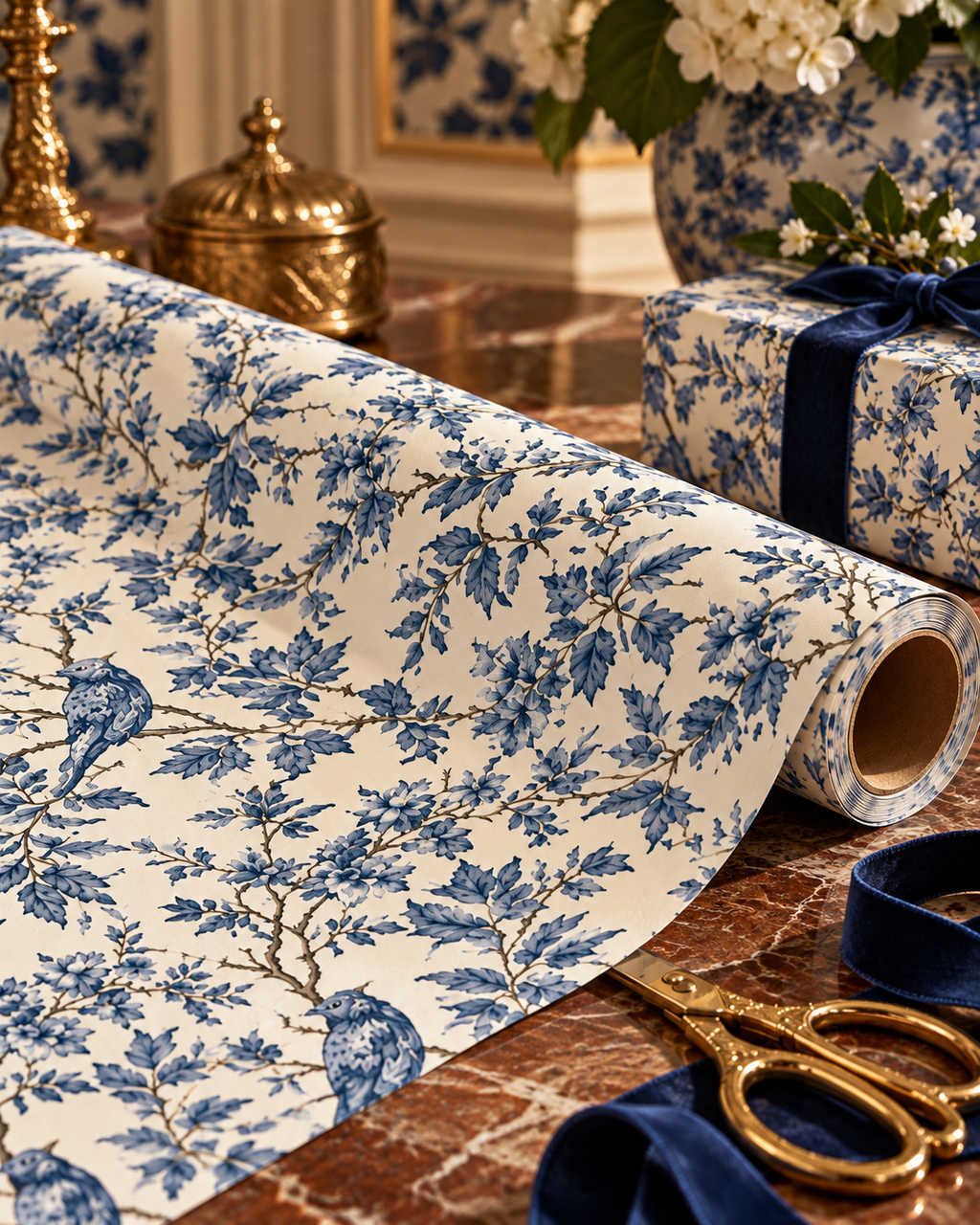 Blue Floral Vine Wrapping Paper Roll | Gift Wrap