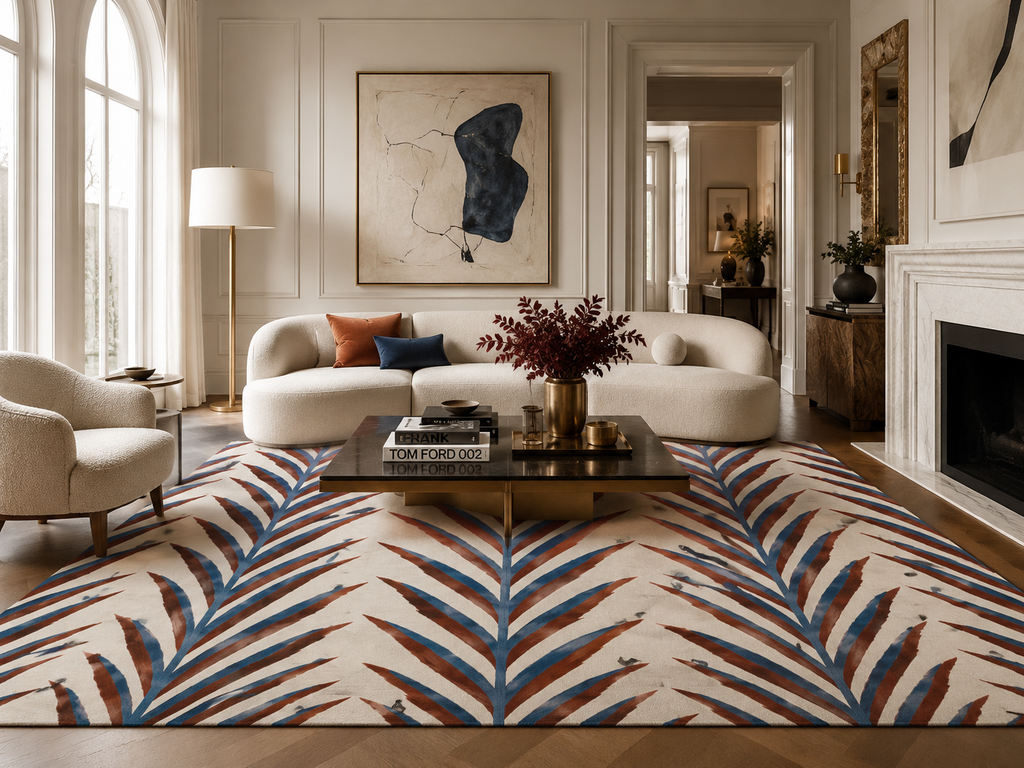 Blue Red Palm Leaf Area Rug | Tropical Botanical Pattern