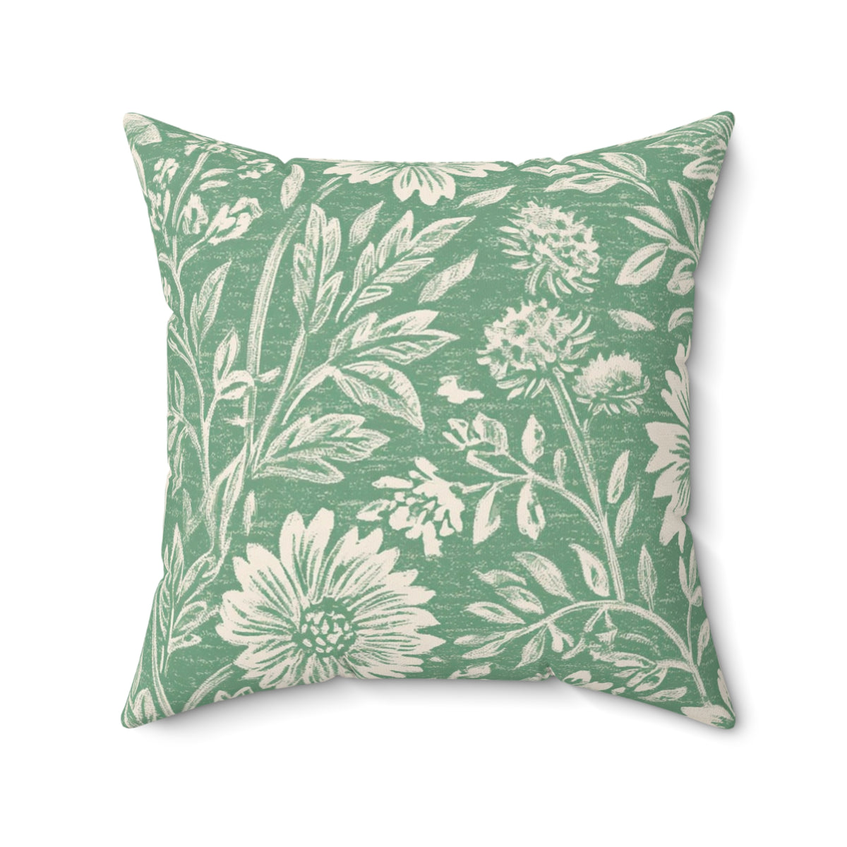 Green Floral Pattern Faux Suede Square Pillow