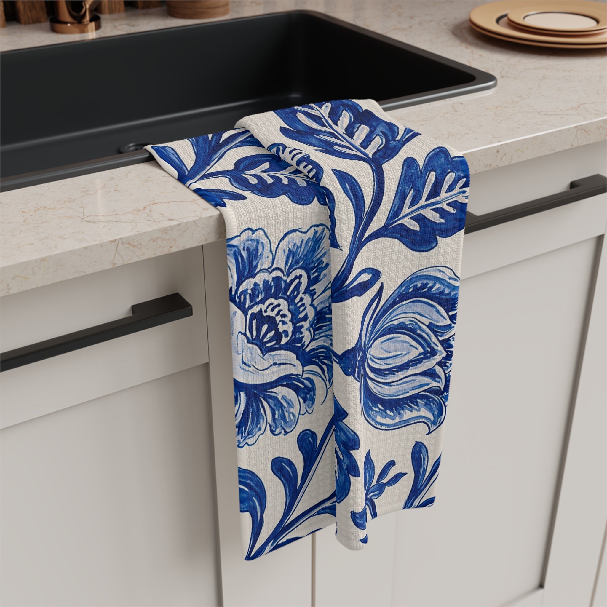 Blue Floral Pattern Microfiber Tea Towel | Delft Style Botanical Print