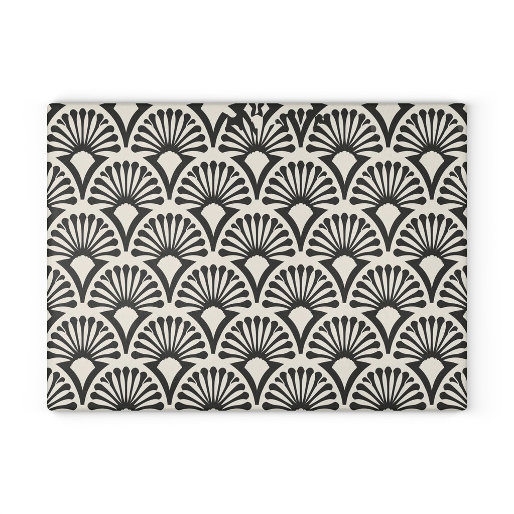 Art Deco Fan Pattern Glass Cutting Board | Black White Geometric Kitchen