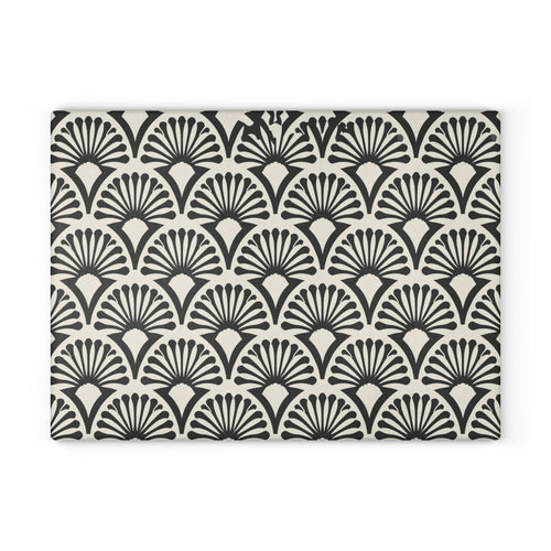 Art Deco Fan Pattern Glass Cutting Board | Black White Geometric Kitchen