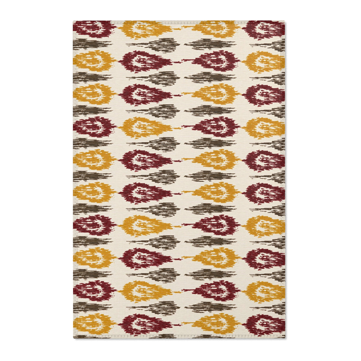 Ikat Teardrop Pattern Area Rug | Boho Tribal Motif, Mustard Maroon Taupe