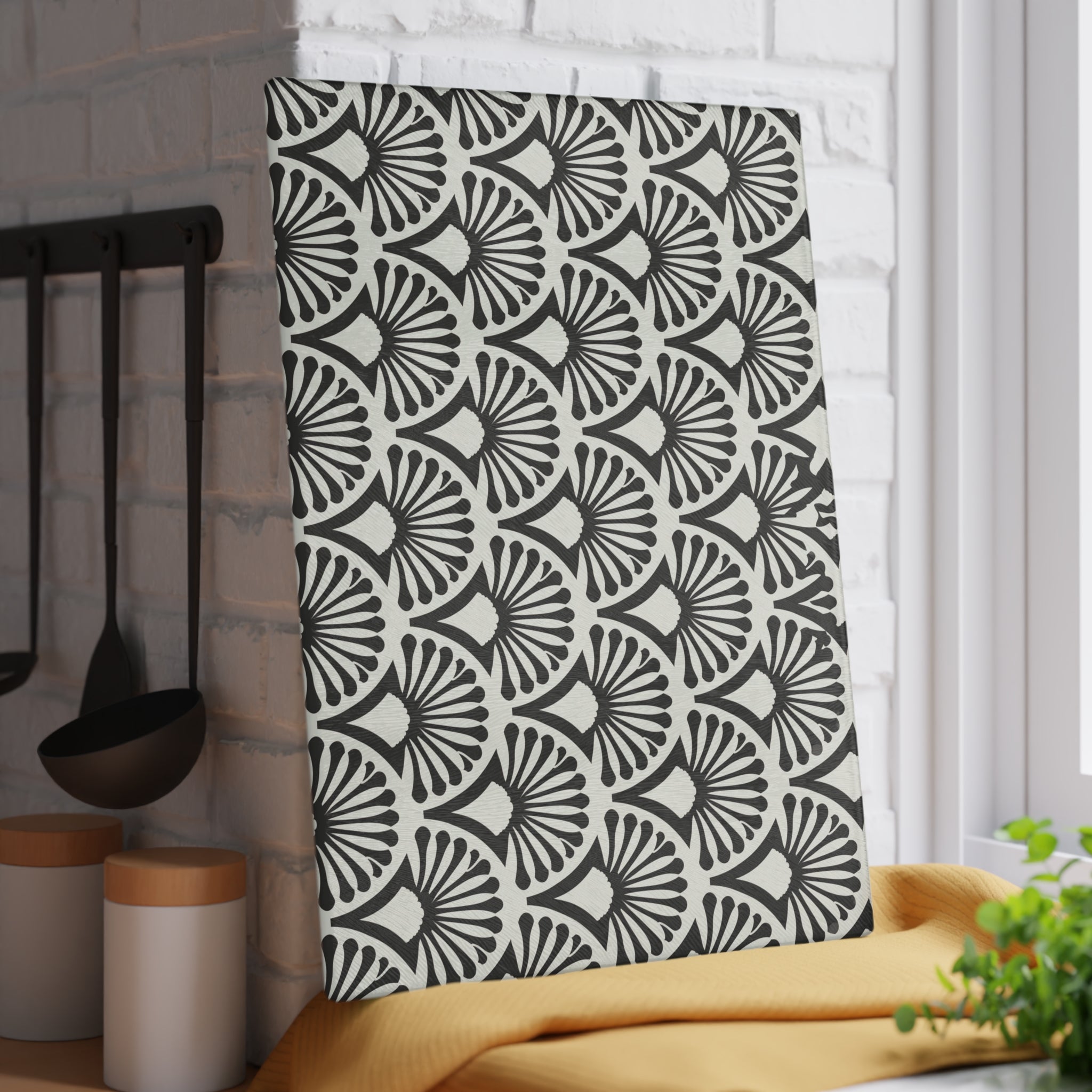 Art Deco Fan Pattern Glass Cutting Board | Black White Geometric Kitchen