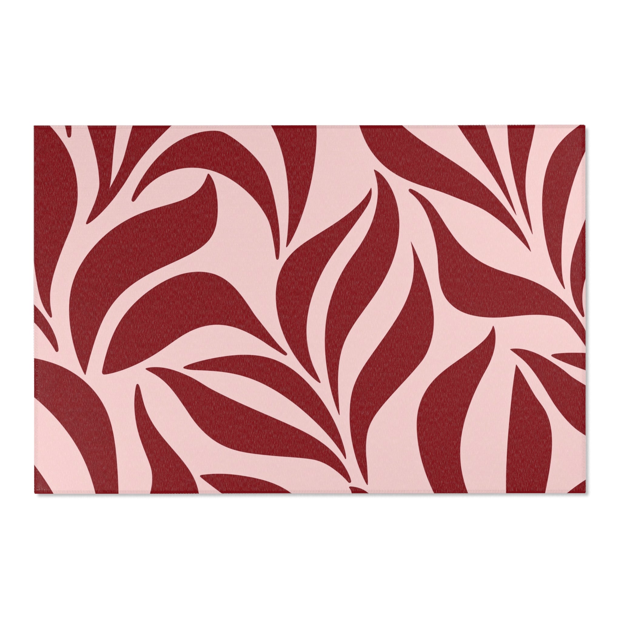 Red Leaf Pattern Area Rug | Pink Background, Botanical Abstract Floor Mat