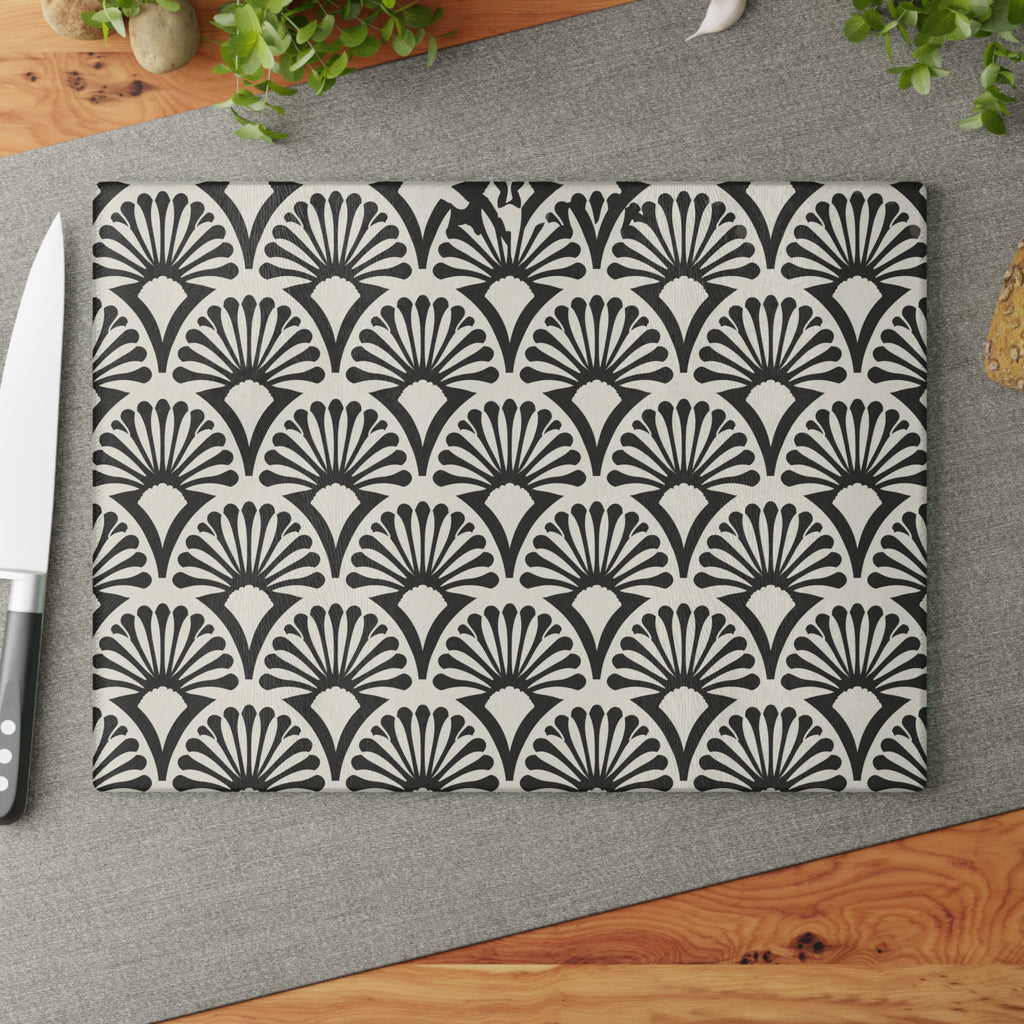 Art Deco Fan Pattern Glass Cutting Board | Black White Geometric Kitchen