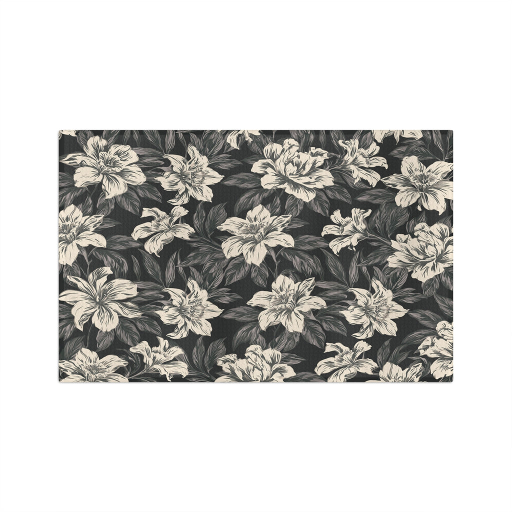 Vintage Floral Pattern Microfiber Tea Towel | Black Cream Botanical Design