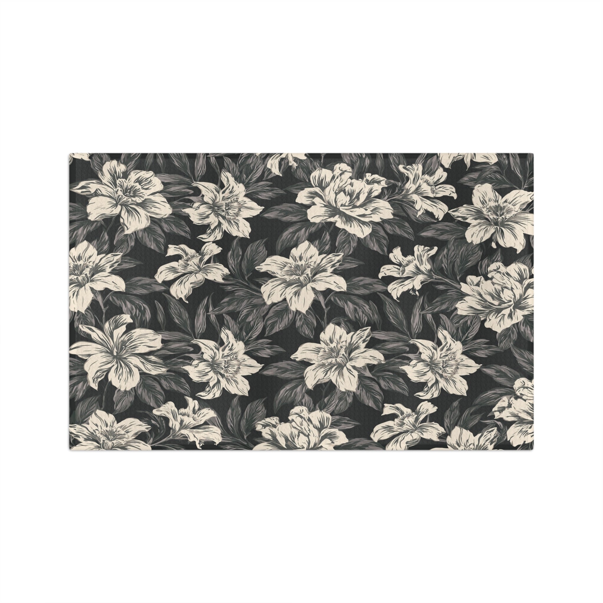 Vintage Floral Pattern Microfiber Tea Towel | Black Cream Botanical Design