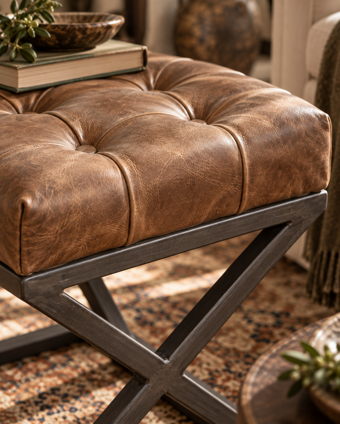 Ashbourne Tufted Leather Cross Stool – Industrial Iron Accent Table & Ottoman