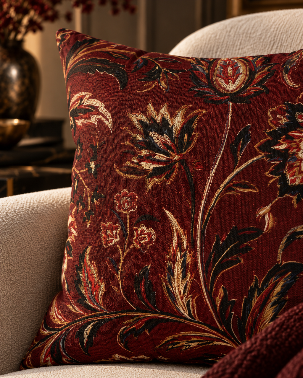 Vintage Floral Pattern Spun Polyester Square Pillow | Burgundy Botanical Throw Pillow