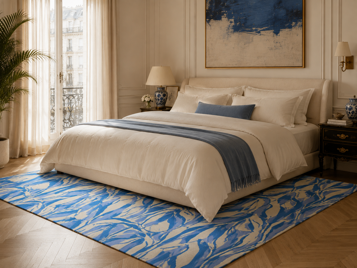 Blue Abstract Wave Pattern Area Rug | Coastal Watercolor Design