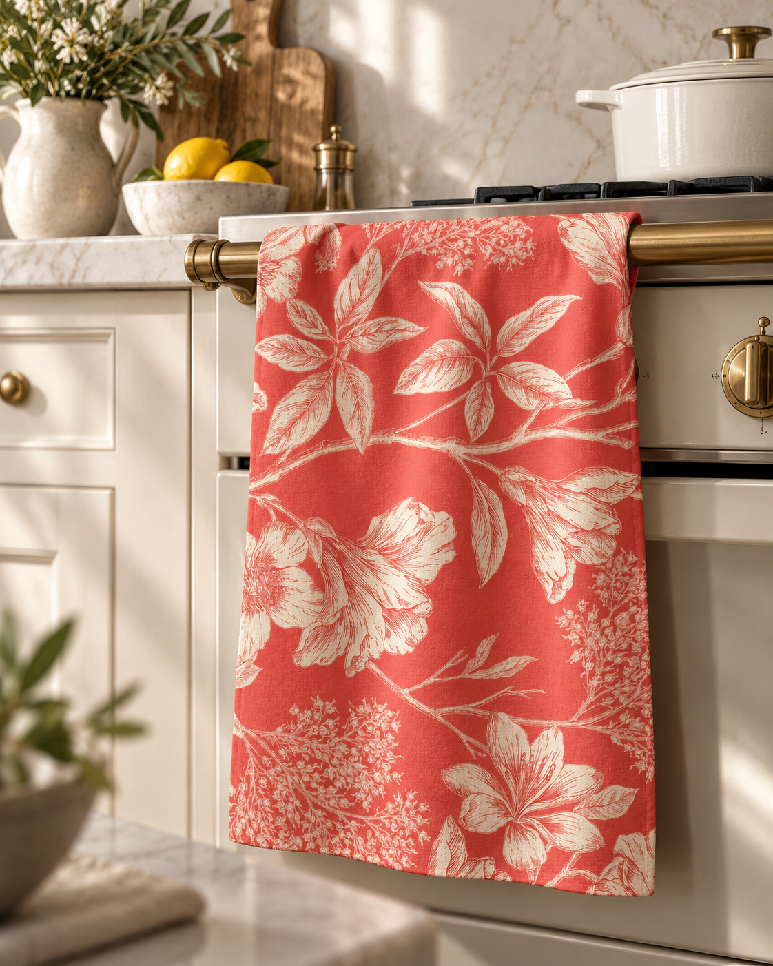 Vintage Floral Sketch Tea Towel | Coral Cream Botanical Kitchen Linen