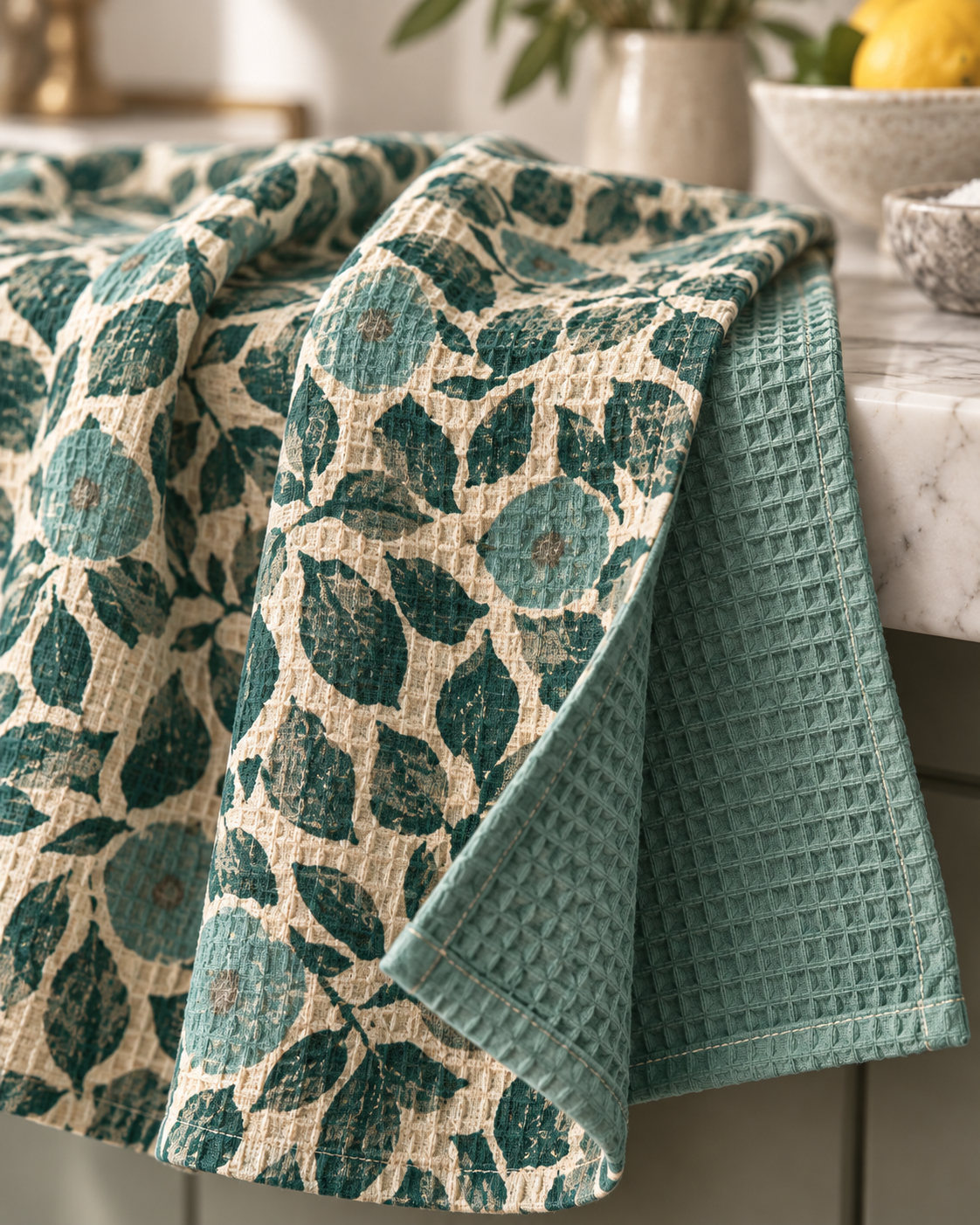 Green Floral Leaves Waffle Tea Towel | Double-Sided Kitchen Towel