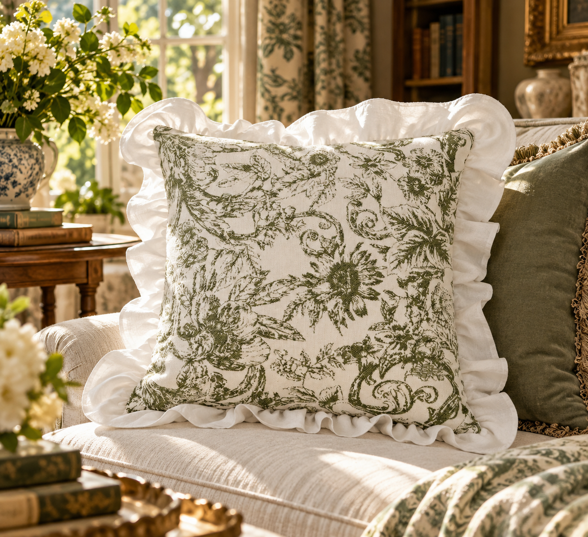 Ellie & Green Ruffle Cushion – Botanical Toile Pillow with White Ruffle