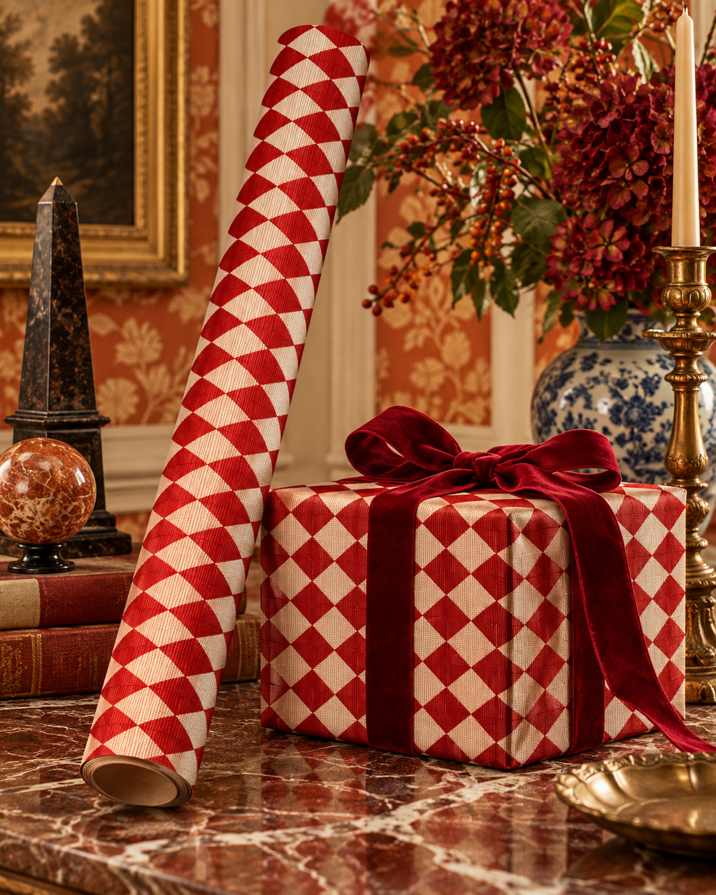 Red Diamond Harlequin Wrapping Paper Roll | Geometric Gift Wrap