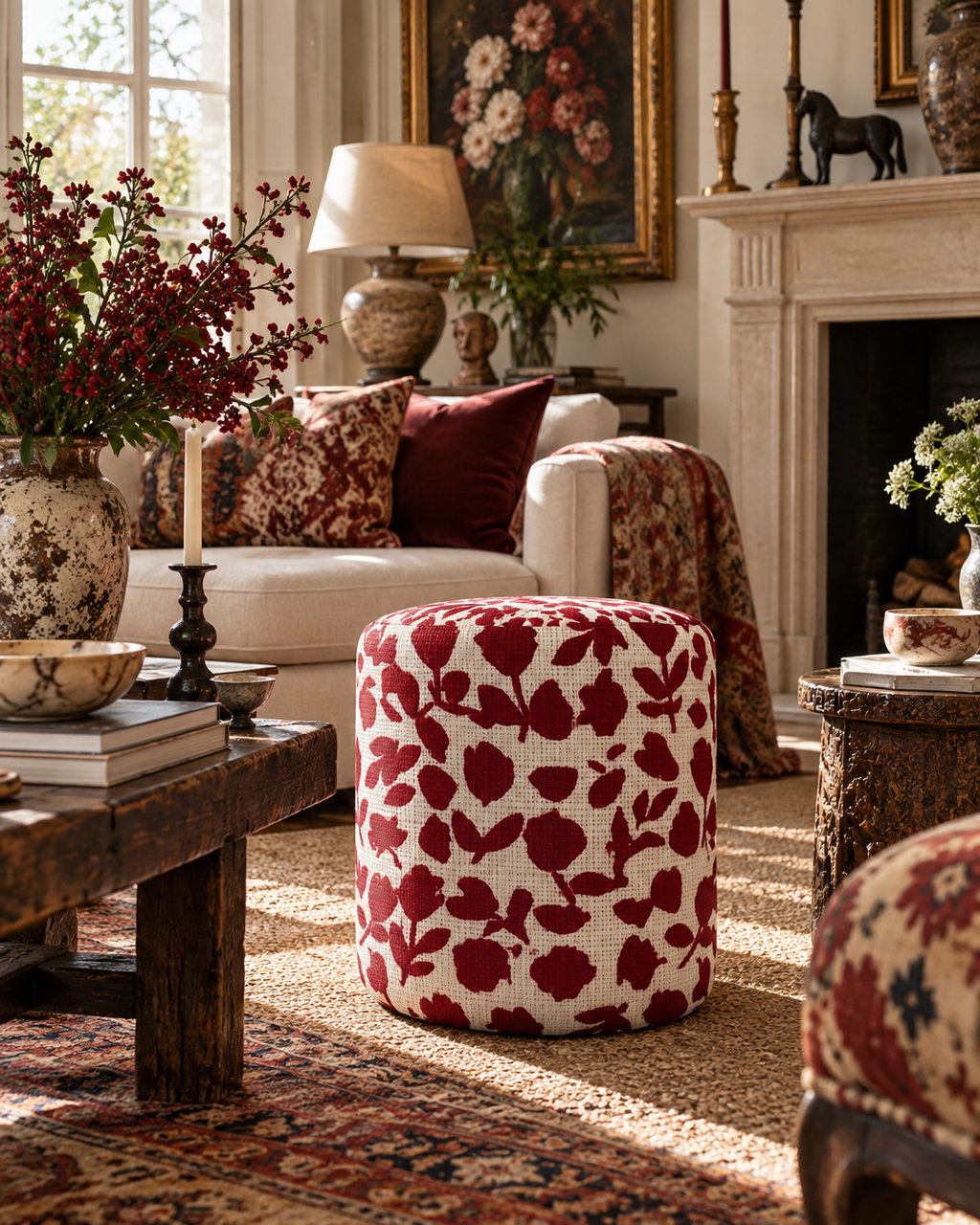 Red Briar Floral Pouffe | Upholstered Ottoman