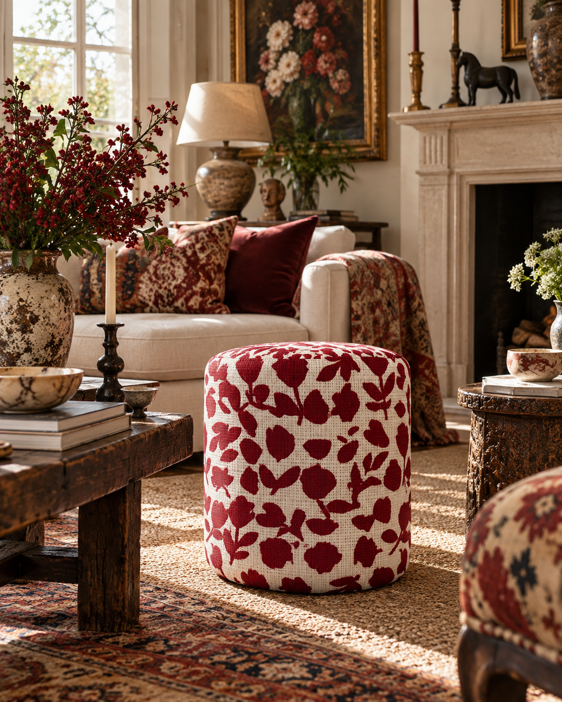 Red Briar Floral Pouffe | Upholstered Ottoman
