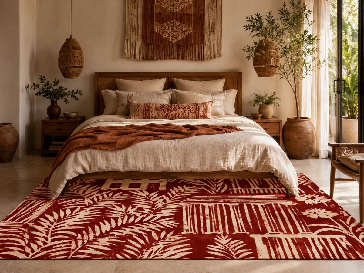 Tropical Cottage Area Rug | Palm Leaf Cabin Pattern, Red Cream Floor Mat