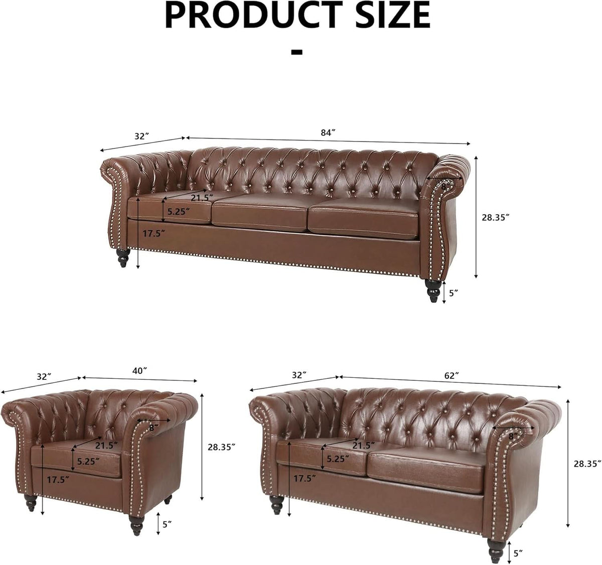 Ashbourne 3 Piece Chesterfield Leather Sofa Set | Brown Tufted Sofa & Armchairs | English Country House Living Room Furniture