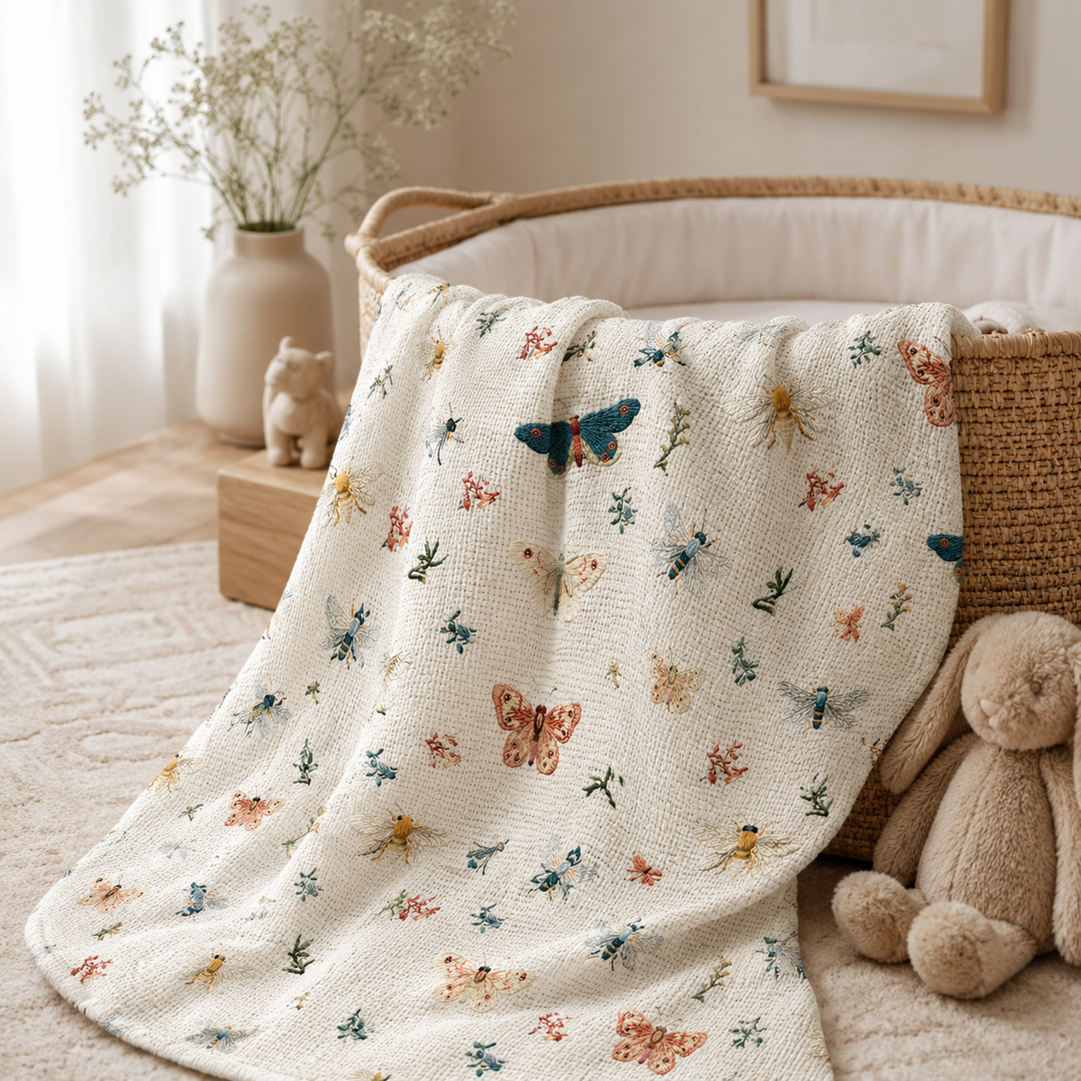 Vintage Moth & Bee Baby Swaddle Blanket – Botanical Insect Nursery Blanket – Cottagecore Newborn Gift