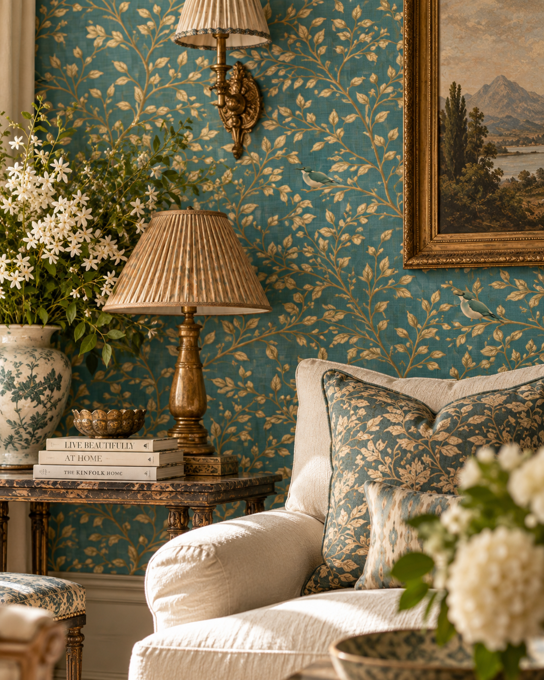 Aurelia Aviary Wallpaper | Teal Botanical Bird Wallpaper | English Country Luxury Wallpaper | Vintage Chinoiserie Wall Decor