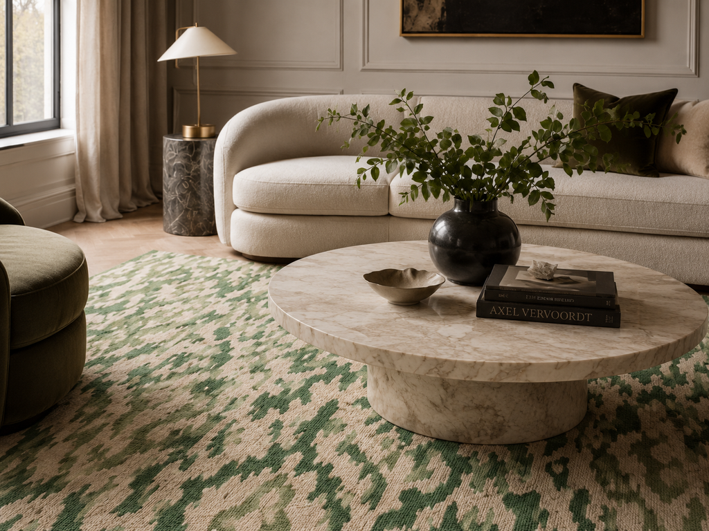 Green Ikat Pattern Washable Rug | Geometric Boho Floor Mat