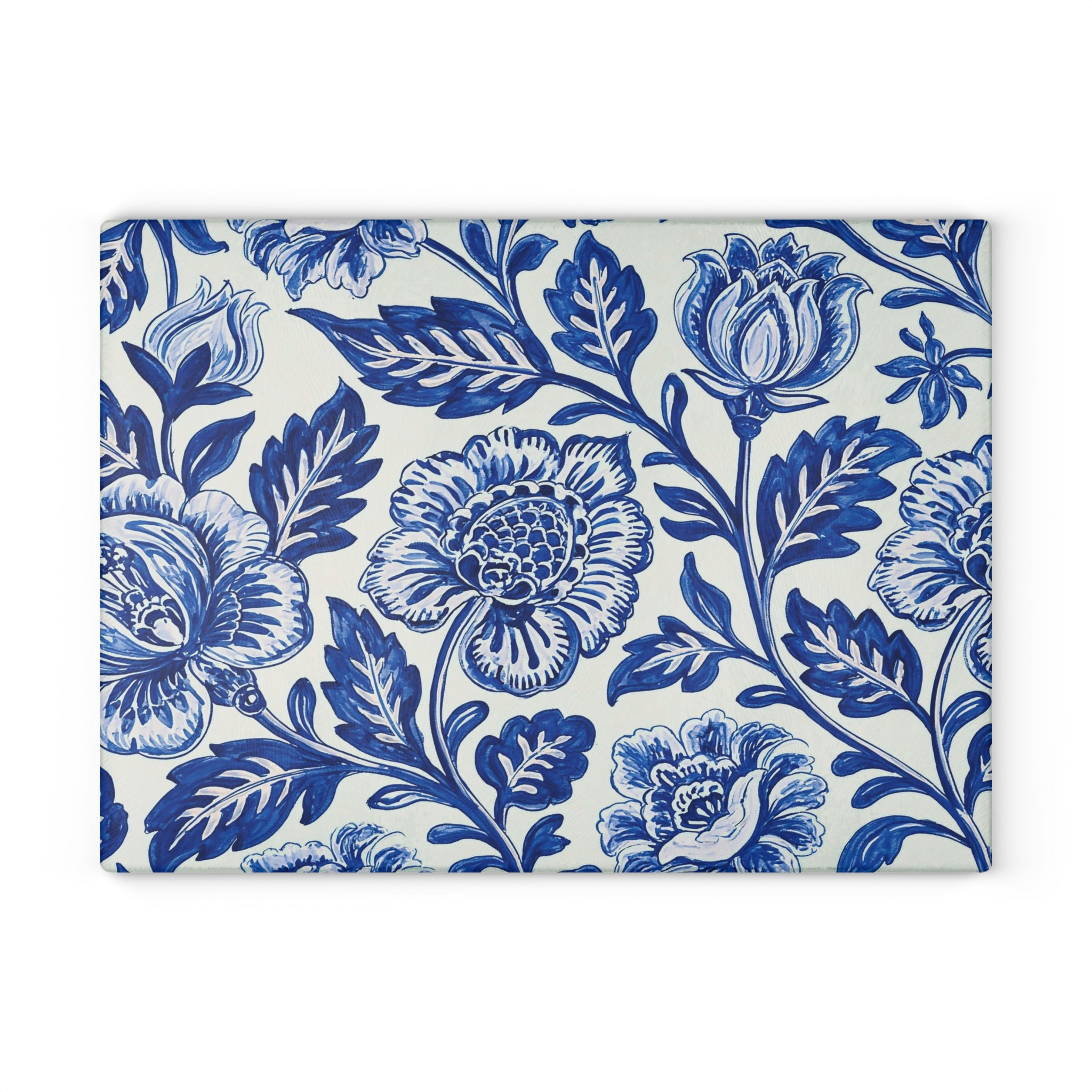 Blue Floral Pattern Glass Cutting Board | Vintage Delft Tile Style
