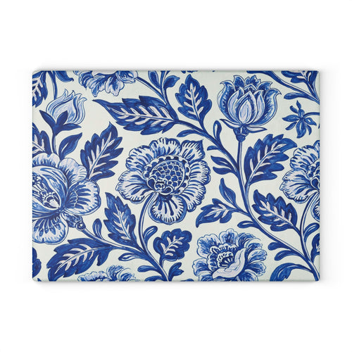 Blue Floral Pattern Glass Cutting Board | Vintage Delft Tile Style