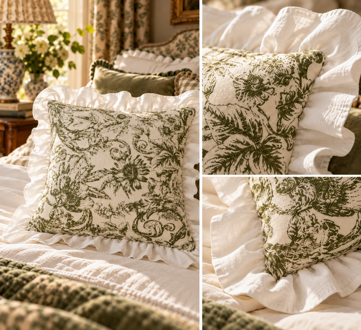 Ellie & Green Ruffle Cushion – Botanical Toile Pillow with White Ruffle