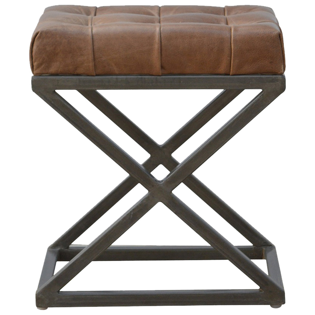 Ashbourne Tufted Leather Cross Stool – Industrial Iron Accent Table & Ottoman